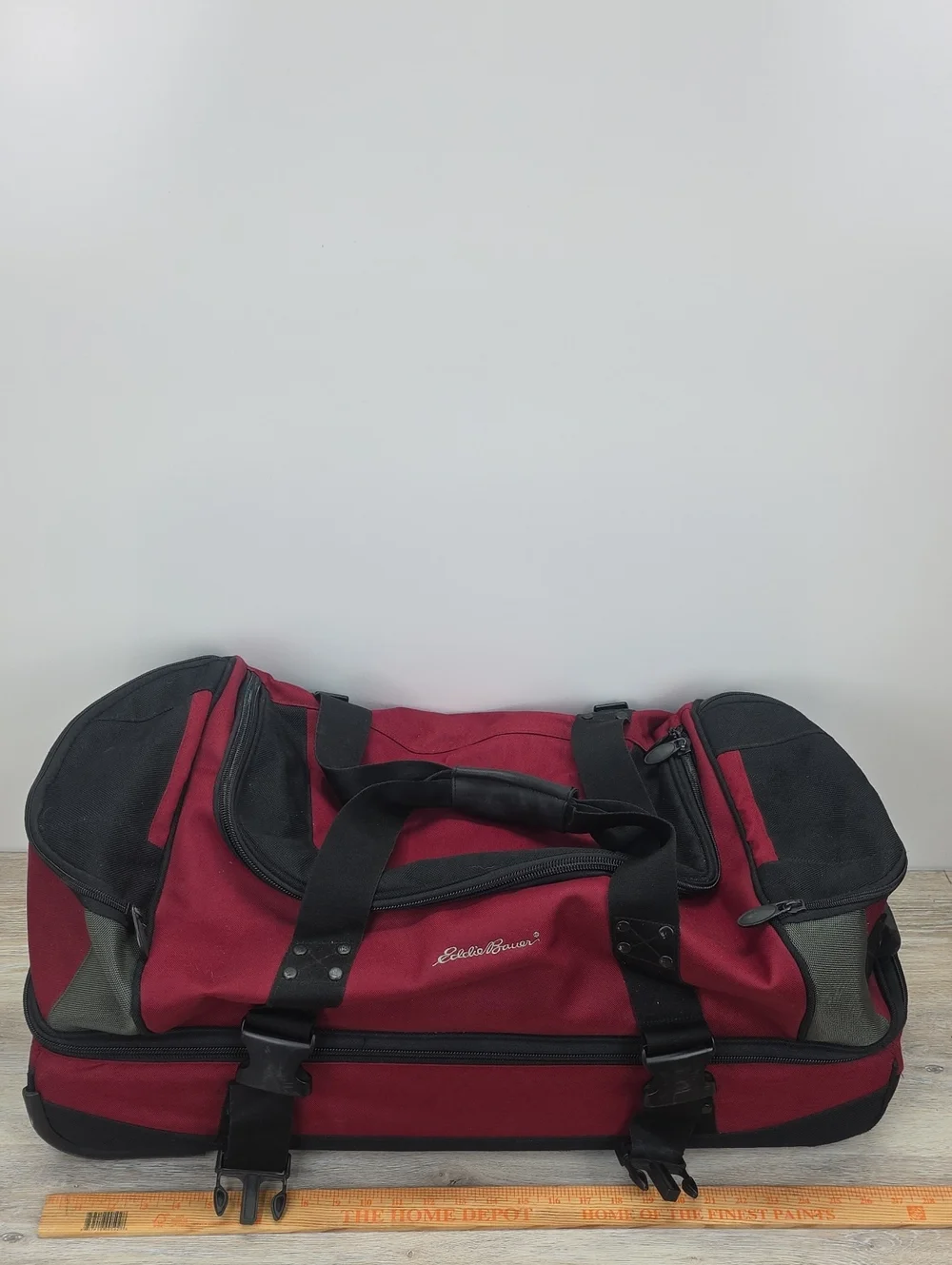 ​Eddie Bauer Burgundy Red Drop-Bottom Rolling Duffel Bag Suitcase Travel Luggage